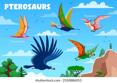 Prehistoric dinosaur flying pterosaur characters vector extinct dinosaur birds. Cartoon funny pteranodon, dimorphodon and argentavis, quetzalcoatlus and tapejara dinosaur personages flying in blue sky