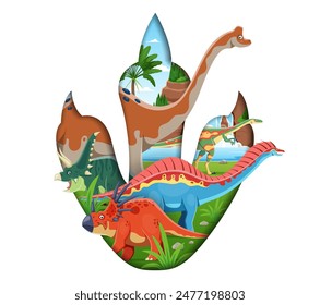 Prehistoric dinosaur footprint with funny dino characters. Paper cut 3d vector paw frame in filled with styrocasaurus, chasmosaurus, amargasaurus, elaphosaurs and pelorosaurus at Jurassic landscape