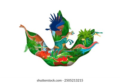 Prehistoric dinosaur footprint paper cut banner with cartoon dino animal characters and jurassic jungle forest. Vector 3d origami dinosaur footprint frame with styracosaurus, oviraptor and suchomimus