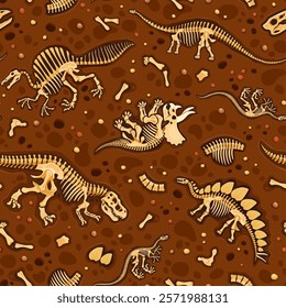 Prehistoric dinosaur fossils seamless pattern features dino bones and skeletons arranged on brown, textured soil background. Vector tile, wallpaper or textile with cartoon ancient skeletal structures