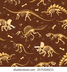 Prehistoric dinosaur fossils seamless pattern. Dino skeletons, bones and skulls vector background. Cartoon tyrannosaurus, triceratops, stegosaurus, velociraptor and spinosaurus dinosaur fossil pattern