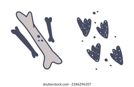 Prehistoric Dinosaur Grey Bones and Footprints Simple Doodle Vector Set