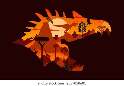 Prehistoric dinosaur head silhouette. Vector sunset scene with ancient reptile shadows at ancient, Jurassic era landscape inside of dino head frame. Majestic evening jungle rainforest environment