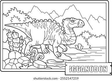 prehistoric dinosaur iguanodon, coloring book for children, outline illustration