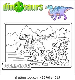 prehistoric dinosaur iguanodon, coloring book for children, outline illustration