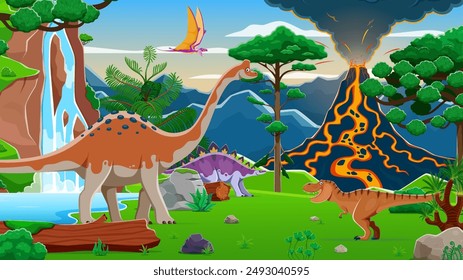 Prehistoric dinosaur in jungle and volcano with lava. Cartoon vector scene with pelorosaurus, stegosaurus, tyrannosaurus rex and pterosaur dino species, waterfall, lush greenery and volcanic eruption