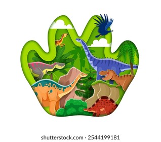 Prähistorisches Dinosaurierpapier mit Vektordino-Figuren und Dschungelwald-Naturlandschaft. Cartoon tyrannosaurus rex, hypselosaurus und wuerhosaurus in 3D-Papierschnitt-Footprint-Frame