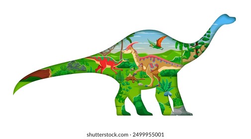 Silueta de corte de papel de dinosaurio prehistórico. Marco de papercut de Vector 3d de dibujos animados en forma de saurópodo dino de dibujos animados, lleno de especies de animales reptiles antiguos en el paisaje verde de la era Mesozoica o Jurásica