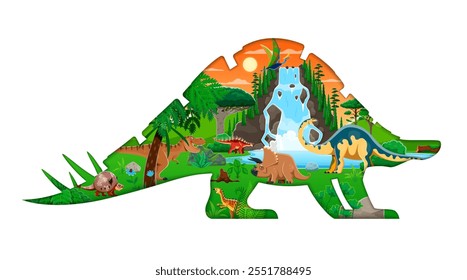 Silueta de corte de papel de dinosaurio prehistórico con paisaje de cascada jurásico de dibujos animados, personajes de animales de dinosaurio. Vector 3D papel cortado wuerhosaurus dinosaurus marco, Tyrannosaurus, Triceratops, Kentrosaurus