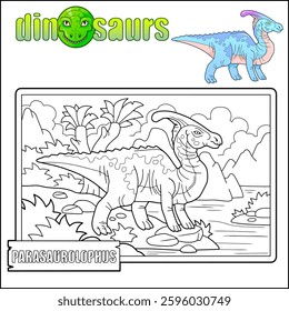 prehistoric dinosaur parasaurolophus, coloring book for children, outline illustration