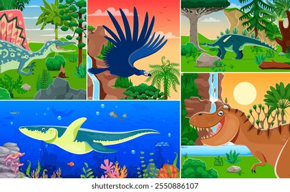 Prähistorische Dinosaurier- und Reptilienfiguren-Collage von Jurassic-Ära-Eidechsen, Vektorhintergrund. Kinder Dino Welt Collage von Cartoon T-Rex Dinosaurier, prähistorische Vögel und Reptilien mit riesigen Eidechsen