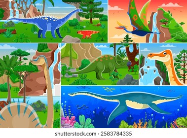 Prehistoric dinosaur and reptile characters collage. Funny dino animal vector personages in jurassic jungle and ancient ocean. Cartoon cute avaceratops, plesiosaurus, diplodocus and bagaceratops