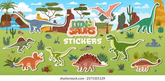 Prehistoric dinosaur and reptile characters stickers pack. Vector adhesive patches feature dino animals in a tropical landscape with palm trees, waterfall, rocks and lush vegetation of Jurassic world