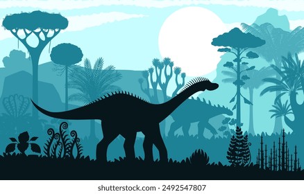 Silueta de dinosaurio prehistórico en el bosque de la tarde o parque jurásico, fondo de Vector. Lagarto de dinosaurio de dibujos animados Barapasaurus o Dicraeosaurus con Stegosaurus en la selva con puesta de sol y silueta de los árboles