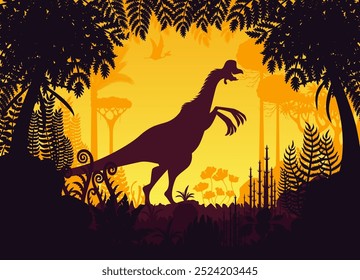 Silueta de dinosaurio prehistórico en bosque tropical. Escena de Vector con una poderosa sombra oviraptor dino silueteada contra un fondo anaranjado vivo de la puesta del sol en un exuberante paisaje de la era jurásica lleno de helechos