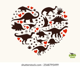 Prehistoric dinosaur silhouettes in heart shape, vector dino animals and reptiles. Jurassic triceratops, argentavis, styracosaurus and polacanthus dinosaurs, footprints and claw marks silhouettes