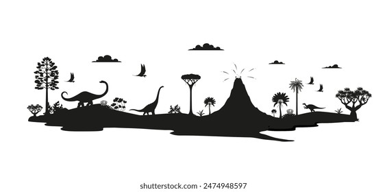 Prehistoric dinosaur silhouettes, isolated vector black shadow of Jurassic era landscape with erupting volcano, dino spices, flying pterosaurs and towering sauropods, exotic trees and rugged terrain