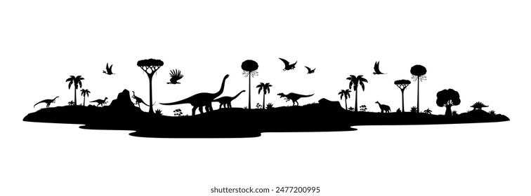 Prehistoric dinosaur silhouettes, isolated vector black panoramic scene of Jurassic era landscape with dino spices shadows, flying pterosaurs and towering sauropods, exotic trees and rugged terrain