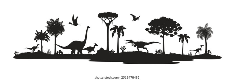 Silhuetas pré-históricas de dinossauros. Vetor isolado cena panorâmica preta da paisagem da era Jurássica com sombra de espécies de dino, pterossauros voadores e grandes saurópodes, árvores exóticas e terreno acidentado