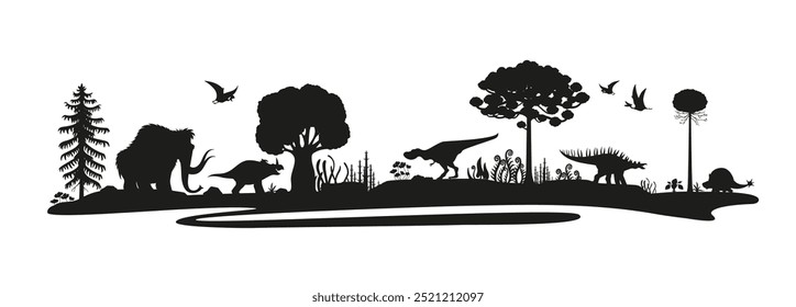 Siluetas de dinosaurios prehistóricos, Vector panorámico negro aislado del paisaje de la era jurásica con sombras de especias de dinosaurios, pterosaurios voladores y majestuosos mamuts, triceratops y t-rex, árboles exóticos