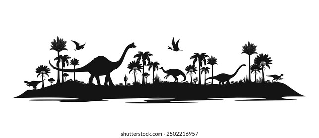 Prehistoric dinosaur silhouettes with jungle forest palm trees and cactuses. Jurassic dino animals vector black silhouettes of pteranodon, pelorosaurus, pegomastax and psittacosaurus dinosaurs