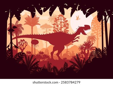 Prehistoric dinosaur silhouettes at jungle forest. Jurassic nature landscape vector background with monolophosaurus and quetzalcoatlus dino animals silhouettes in frame of palm tree leaves shadows