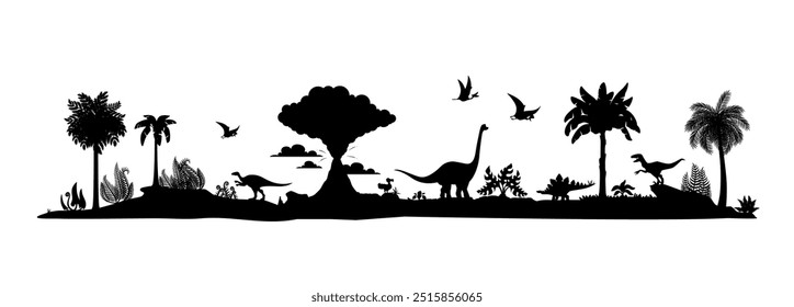 Siluetas prehistóricas de dinosaurios y lagartijas de la era jurásica en el bosque de la selva, fondo del Vector. Dinosaurios prehistóricos, lagartos gigantes y reptiles dinosaurios o pterodáctilos con silueta de erupción volcánica