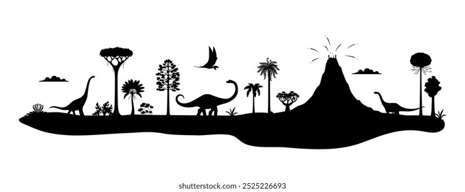 Silhuetas pré-históricas de dinossauros na floresta jurássica com vulcão, fundo vetorial. Dinossauros gigantes, lagartos de dino e silhuetas de corte pterodátilo na selva da era Jurássica com erupção vulcânica