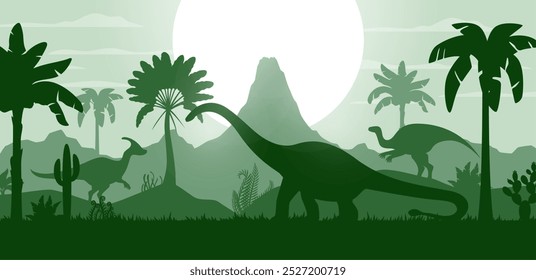 Silhuetas pré-históricas de dinossauros na paisagem de floresta jurássica com pôr do sol, fundo vetorial. Mundo de Dino com lagartos gigantes de desenhos animados e silhueta de répteis pré-históricos para atlas de paleontologia ou museu