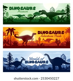 Prähistorische Dinosaurier-Silhouetten auf horizontalen Bannern mit Sonnenuntergang Landschaft, Vektor Jurassic Ära Hintergrund. Dino Welt oder Dinosaurier Abenteuerpark und Museum Banner mit prähistorischen Riesenechsen