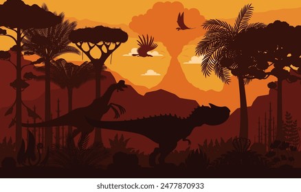 Prähistorische Dinosaurier-Silhouetten auf Sonnenuntergang-Landschaft. Atemberaubende Vektorgrafik mit alten fliegenden Vögeln, Oviraptor- und Allosaurus-Schatten tummeln sich in lebhafter Dämmerung mit üppiger Dschungelvegetation