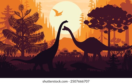 Siluetas prehistóricas de dinosaurios sobre fondo de Vector al atardecer con árboles forestales jurásicos, plantas y sol poniente. Siluetas de animales de dinosaurio Brachiosaurus, pelorosaurus, tapejara y shansisuchus