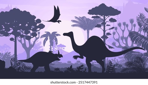 Silhuetas pré-históricas de dinossauros na paisagem do pôr do sol na floresta tropical da selva. Vetor roxo sombra cena da era Jurássica com animais dino e flora antiga com árvores e samambaias sob um sol crepúsculo