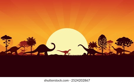 Prehistoric dinosaur silhouettes on sunset sky vector background. Jurassic forest nature landscape with tree, sun and dino animal silhouettes. Eoraptor, apatosaurus and cetiosaurus dinosaurs