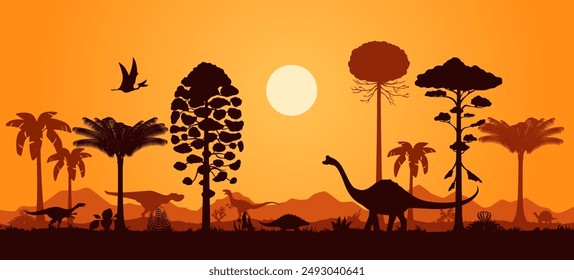 Prehistoric dinosaur silhouettes in sunset of jungle forest, vector Jurassic era lizards. Prehistoric dinosaur silhouettes background of brontosaurus, T-rex tyrannosaurus with velociraptor and birds