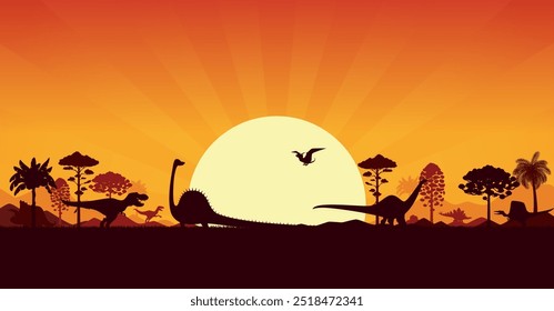 Siluetas prehistóricas de dinosaurios en el paisaje de las selvas del atardecer, fondo de la era jurásica del Vector. Dinosaurio T-rex, lagartos gigantes y siluetas prehistóricas de pájaros pterodáctilos en el bosque con la puesta del sol