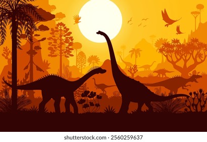 Prehistoric dinosaur silhouettes, sunset landscape of Jurassic era forest, vector background. Dino world with giant lizards, prehistoric pterodactyl birds and predator reptiles for paleontology atlas