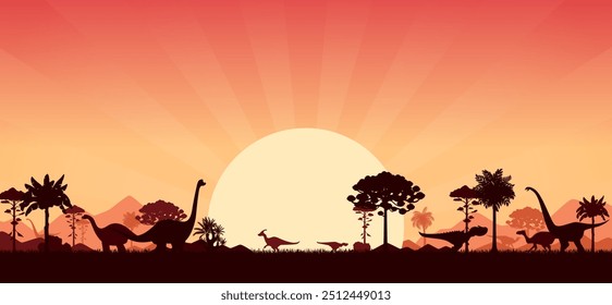 Prehistoric dinosaur silhouettes at sunset sky with mountains and trees. Vector background of jurassic dino animals and prehistoric nature landscape. Tyrannosaurus, allosaurus and vulcanodon dinosaurs