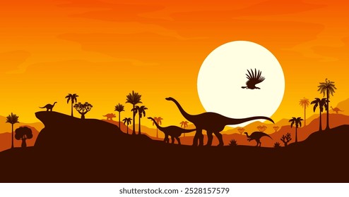 Siluetas prehistóricas de dinosaurios en el fondo del Vector al atardecer. Paisaje de naturaleza jurásica con animales de dinosaurio, selva prehistórica y sol poniente. Arrhinoceratops, probactrosaurus, dinosaurios cetiosaurus