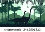 Prehistoric dinosaur silhouettes in tropical forest. Vector scene featuring brachiosaurus dino characters walking amongst lush Jurassic vegetation with pterosaurs flying in sky against the rising sun
