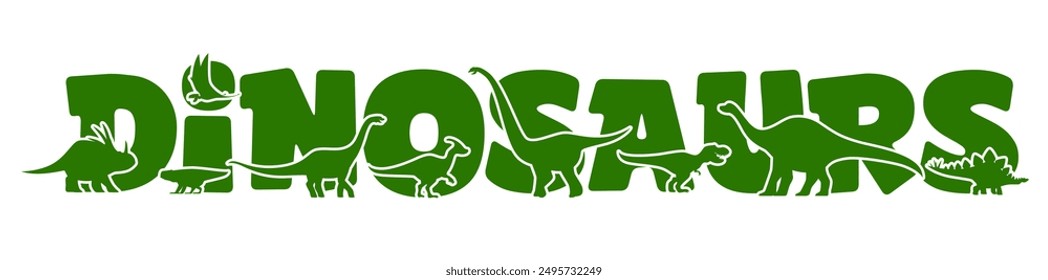 Prehistoric dinosaur silhouettes typography with green letters creatively integrated with different dino shapes, including triceratops, stegosaurus and brachiosaurus species. Vector word with reptiles