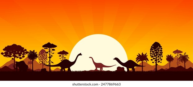 Prehistoric dinosaur silhouettes. Vector Jurassic era scene with silhouetted shadows of brachiosaurus dino spices and mammoths roam lush ancient nature landscape with hills, palm trees and dusk sun