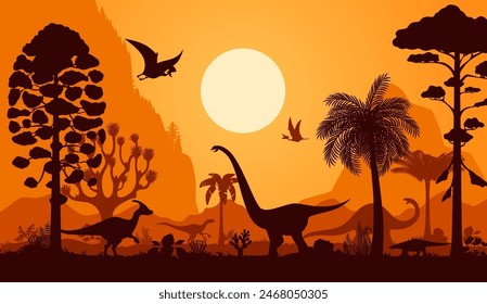 Prehistoric dinosaur silhouettes. Vector scene with silhouetted dinos. Soaring pterodactyl, swift velociraptor and towering brachiosaurus roam landscape with ferns, hills, palm trees, and dusk sun