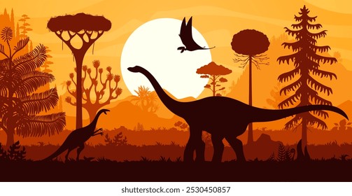 Silhuetas pré-históricas de dinossauros. Cena vetorial com sombras de animais dino. Pterodátilos altíssimos, velociraptor rápido e imponentes braquiossauros vagueiam pela paisagem com samambaias, colinas, palmeiras e sol crepúsculo