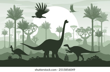 Siluetas de dinosaurios prehistóricos. Vector de sombras de paisajes jurásicos, animales de dinosaurios y flora milenaria con palmeras y helechos bajo un Grande sol del atardecer, fondo monocromático en colores verdes