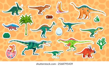 Prehistoric dinosaur stickers of Jurassic lizards and dino characters, cartoon vector. Kids funny cute dinosaur stickers of T Rex tyrannosaurus, raphus bird in egg with lambeosaurus and styracosaurus