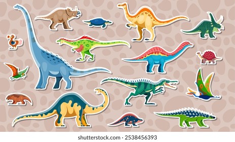 Prehistoric dinosaur stickers set. Vector adhesive patches with cartoon herbivores, carnivores and flying ancient reptile animals. Funny decorative badges for scrapbook or kids school fun activities