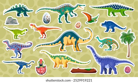 Pegatinas de dinosaurios prehistóricos, especies de dinosaurios de Vector, huevos y Elementos como palmeras, troncos caídos y rocas. Parches aislados coloridos con animales reptiles antiguos contra el fondo estampado