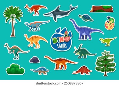 Prehistoric dinosaur stickers vector set. Adorable cartoon dino creatures, carnivore, omnivore and herbivore ancient reptiles, aquatic and terrestrial species and plants like palm trees or fallen logs