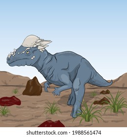 Prehistoric dinosaur with thorns on his head, blue dinosaur in nature.  in the desert